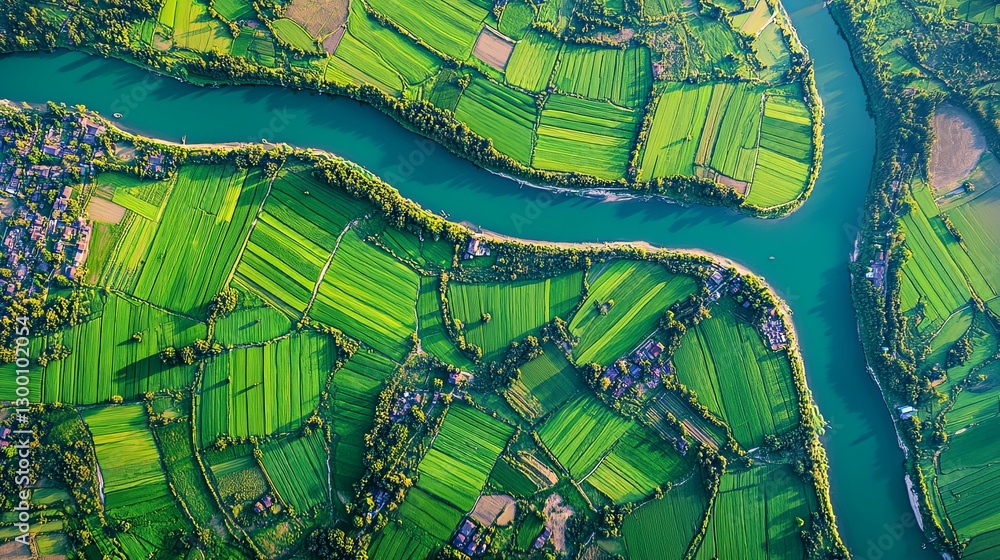 Obraz premium Serene River Meandering Through Lush Green Farmlands: An Aerial View