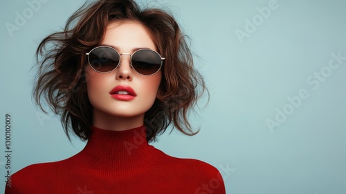 Wallpaper Mural Closeup portrait of young beautiful sexy smiling hipster woman in sunglasses. Trendy positive girl going crazy. Model isolated on blue wall. Shows her tongue Torontodigital.ca