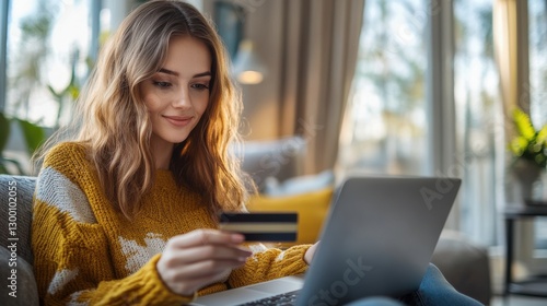 Young woman order or purchase product on internet using laptop and make transaction payment by smartphone. Online shopping lifestyle with credit card via internet banking on mobile application. Blithe