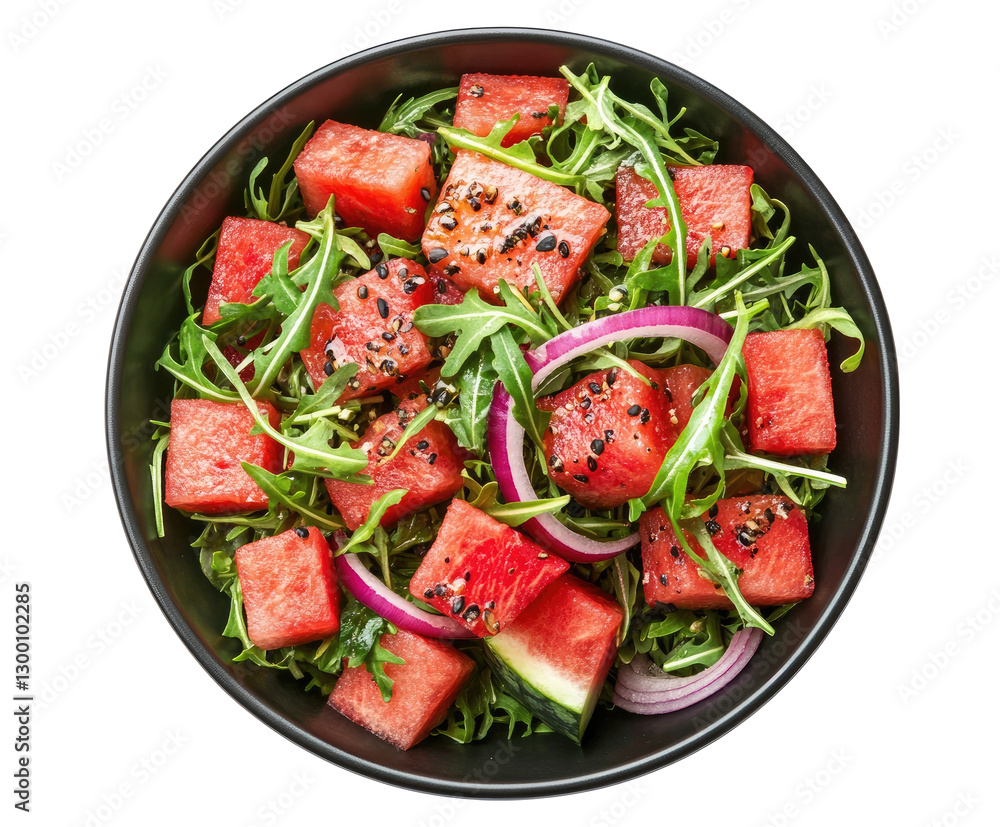 Fresh watermelon salad in black bowl, vibrant colors, healthy food Fresh watermelon salad in black bowl, vibrant colors, healthy food