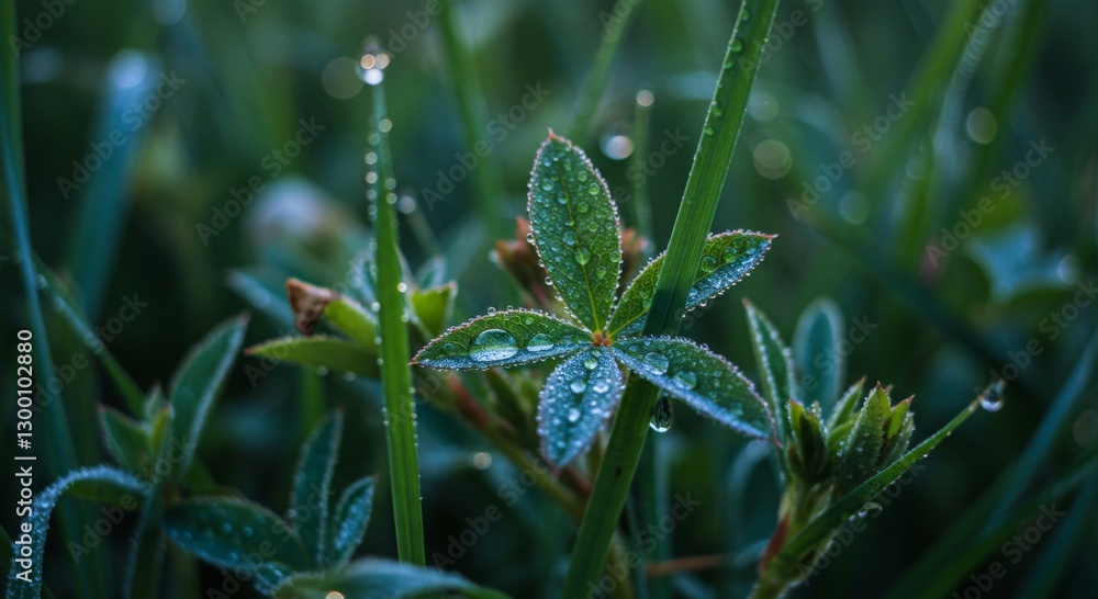 green grass in a meadow with dew drops minimalism