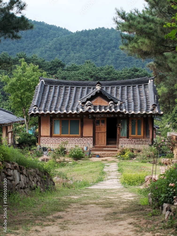 A traditional house surrounded by nature and lush foliage A traditional house surrounded by nature and lush foliage