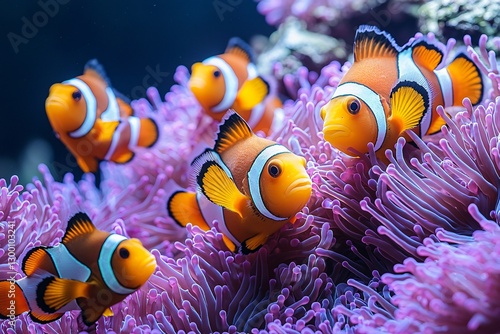 Vibrant Clownfish School Swimming in Purple Sea Anemone Coral Reef
