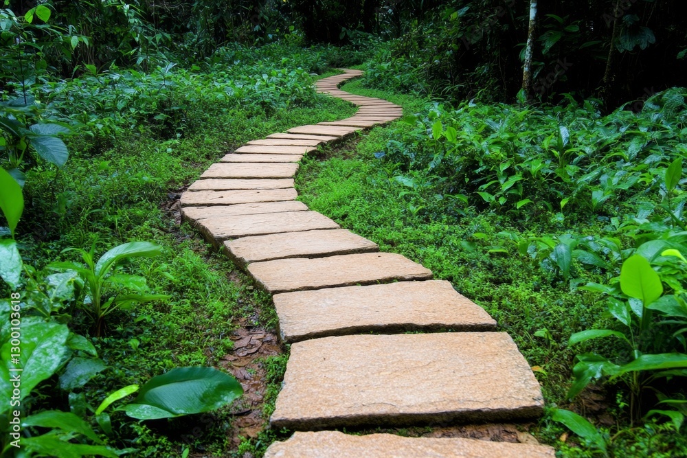 Obraz premium A jungle path winding through thick foliage, leading to a mysterious cave entrance