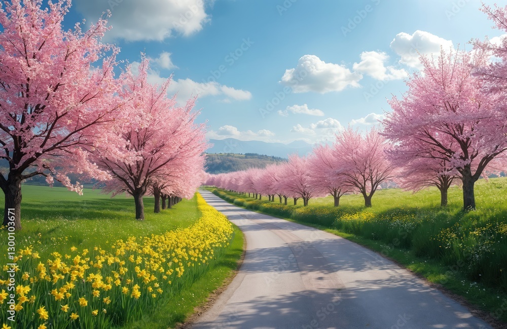 Blossoming almond trees alley on road. Pink flowers, green meadows, and yellow daffodils bloom under blue sky in spring. Serene natural scenery, idyllic road for travel photos. Blossoming almond trees alley on road. Pink flowers, green meadows, and yellow daffodils bloom under blue sky in spring. Serene natural scenery, idyllic road for travel photos.