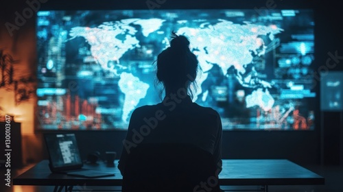 A focused individual analyzing global data on a large screen in a modern workspace setting