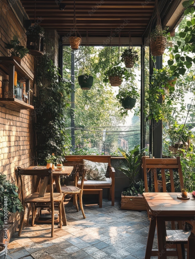 Fototapeta premium An inviting garden caf? with plants and wooden furniture