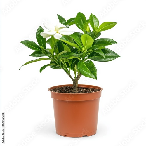 White Gardenia in Brown Pot Lush Green Leaves, Isolated on White