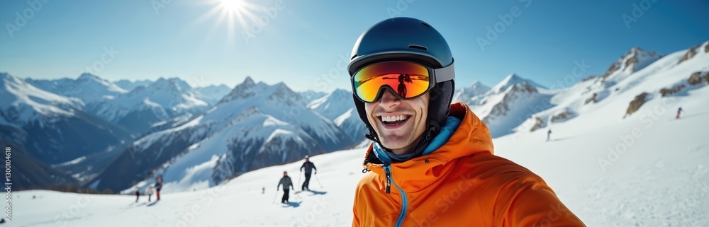 Man portrait in ski helmet, orange jacket against snowy mountains. Young skier smiles. Winter sport holiday vacation on mountain resort. Sunny day. Ski touring people downhill. Extreme freeride. Man portrait in ski helmet, orange jacket against snowy mountains. Young skier smiles. Winter sport holiday vacation on mountain resort. Sunny day. Ski touring people downhill. Extreme freeride.