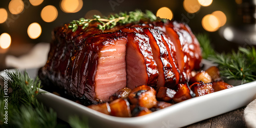 Deliciously Glazed Roasted Ham with a Smoky and Juicy Texture, Perfectly Sliced and Served in a Gourmet Setting with a Warm and Inviting Ambiance
