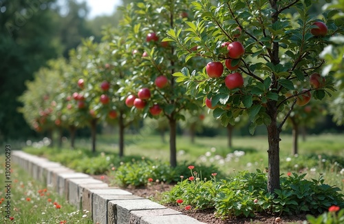 Row of flat vertical palmette apple trees in garden. Sharp angled branches. Flowerbed strip with paving granite blocks. Undergrowth with wild strawberries. Orchard with red fruits.