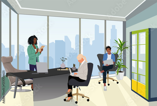 Multiracial business team. Young Man and women sitting at desk, standing in modern office, working together. Effective and productive teamwork. Vector realistic illustration. Business scene.