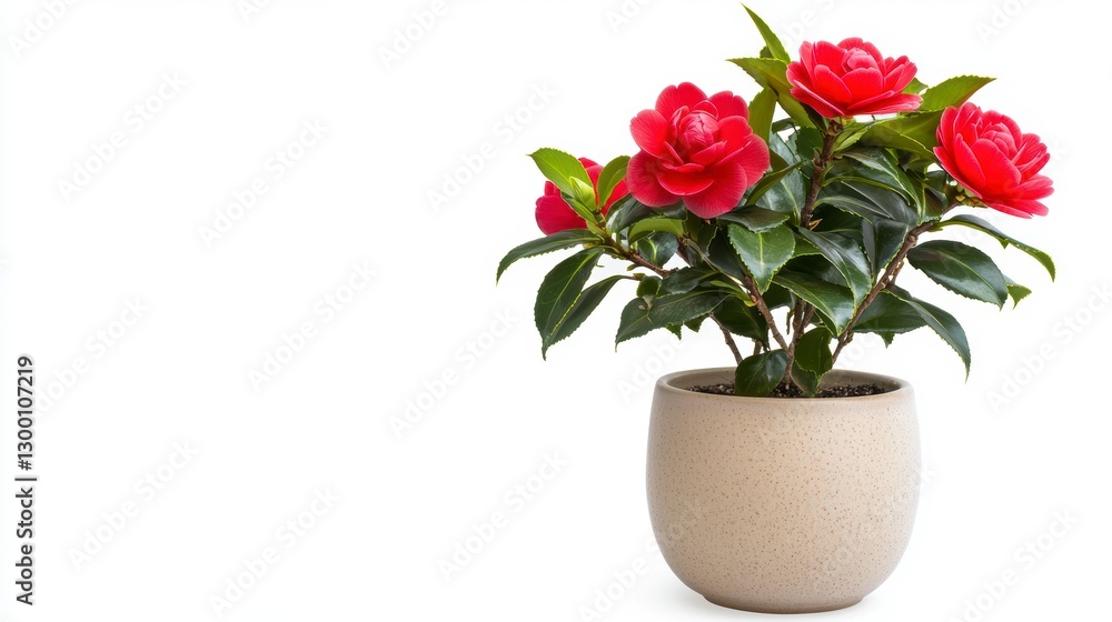 Red Camellia Plant in Speckled Beige Pot Against White Background Red Camellia Plant in Speckled Beige Pot Against White Background