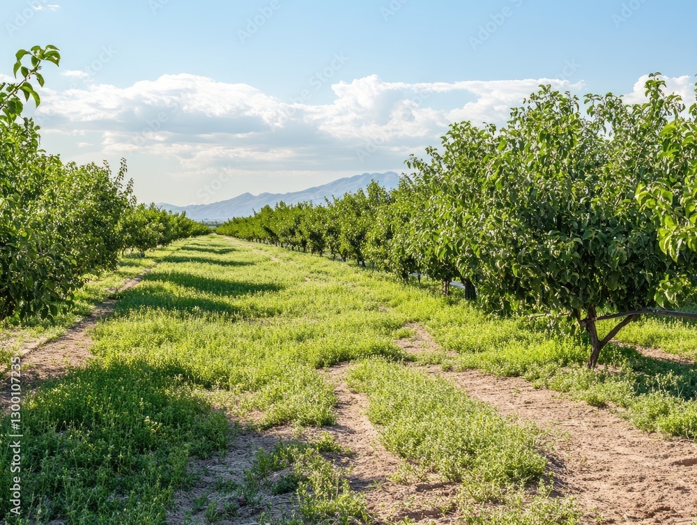 Verdant orchard landscape with rows of trees and distant mountains Verdant orchard landscape with rows of trees and distant mountains