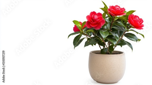 Wallpaper Mural Red Camellia Plant in Speckled Beige Pot Against White Background Torontodigital.ca