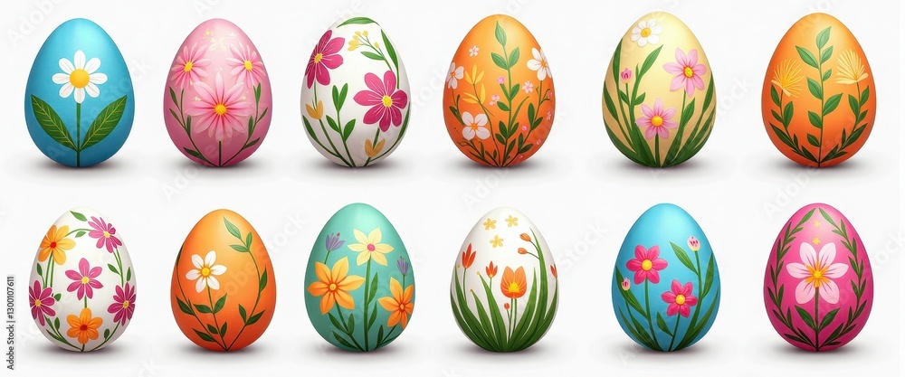 Vibrant Eeaster Eggs Adorned with Intricate Floral Designs Against a White Background. A set of painted eggs with flowers on them. Vibrant Eeaster Eggs Adorned with Intricate Floral Designs Against a White Background. A set of painted eggs with flowers on them.