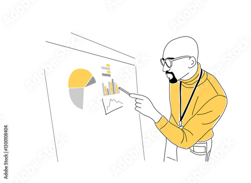 Business man pointing to whiteboard with research data, doing presentation, taking part in seminar, business activities. Vector line art illustration isolated