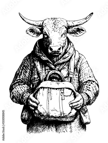 Bull character dressed in a hoodie with a backpack lends a unique twist to urban fashion and rural roots in a creative illustration