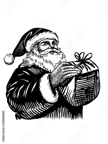 Santa Claus holding a beautifully wrapped gift in a festive and cheerful manner during the holiday season