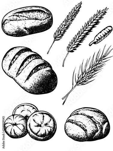 Various types of bread and wheat showcased in a detailed illustrative design