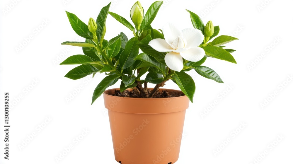 Obraz premium White Gardenia in Terracotta Pot Against White Background