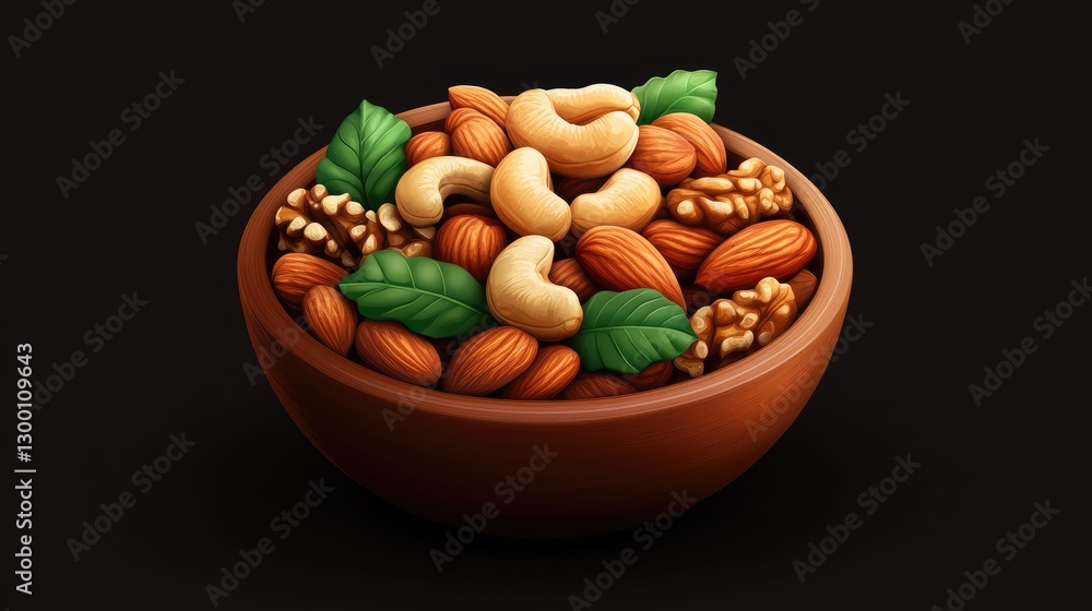 Artistic depiction of mixed nuts assortment in a wooden bowl studio shot Artistic depiction of mixed nuts assortment in a wooden bowl studio shot