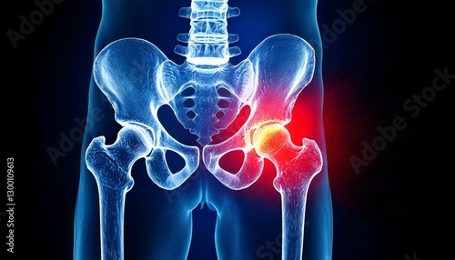 股関節の痛みと炎症の3Dイメージ - 骨格の詳細な解剖学的視点