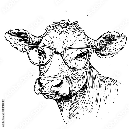 Creative illustration of a cow wearing glasses with a humorous expression in a minimalist style