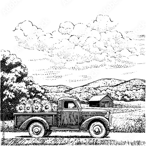 Vintage truck carrying sunflowers in a rural landscape with mountains and farmhouse under cloudy sky