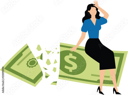 Investment in Financial Crisis,businesswoman holding big dollar banknote money while loss, crumble and reduce in value.Lose money investment in financial crisis