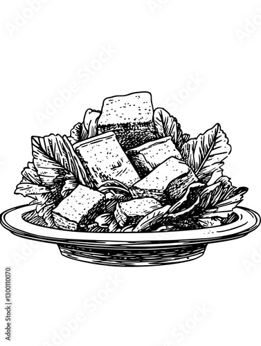 Delicious fresh salad with tofu and greens served on a plate