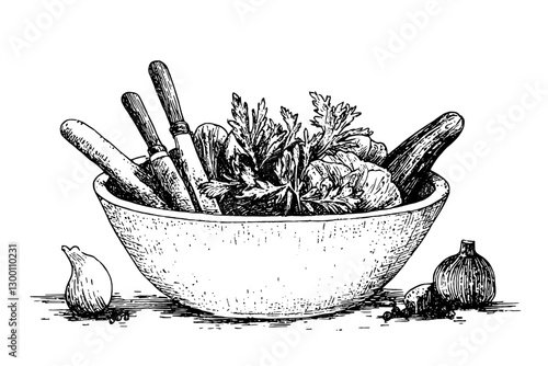 Fresh vegetables and herbs arranged in a bowl for a healthy meal preparation in a kitchen setting