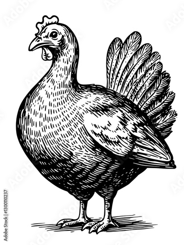 Detailed illustration of a domesticated hen showcasing its distinctive features and posture in natural habitat