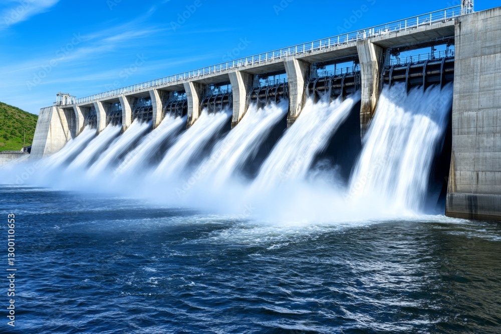 A modern dam with towering concrete walls and high-pressure water jets spraying below A modern dam with towering concrete walls and high-pressure water jets spraying below
