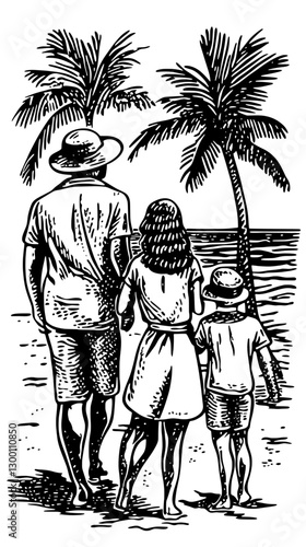 Family enjoys a sunny beach stroll near palm trees at sunset