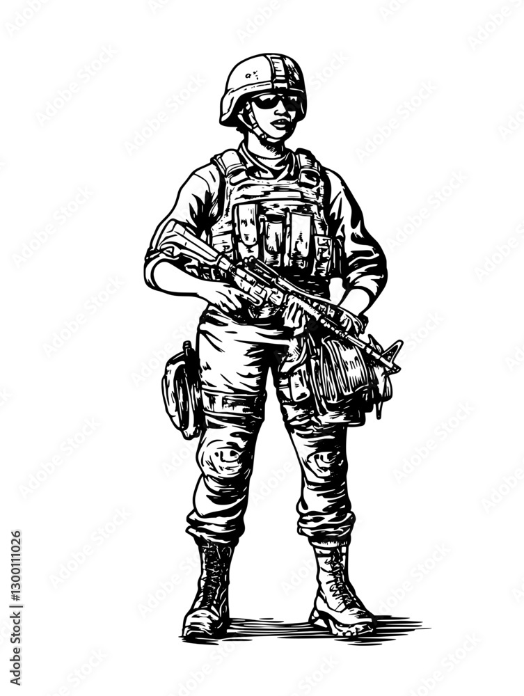 Fototapeta premium Female soldier in combat uniform stands confidently with weapon at the ready in a military setting during daytime