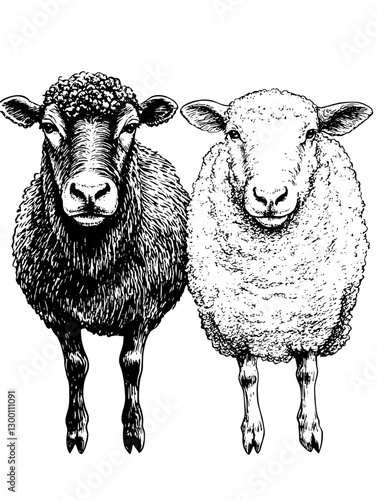 Sheep standing side by side showcasing their distinct wool textures in a simple monochrome illustration