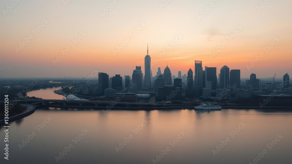 Fototapeta premium Early morning in the city A tranquil drone view with soft sunrise colors and reflections of the skyline in the river