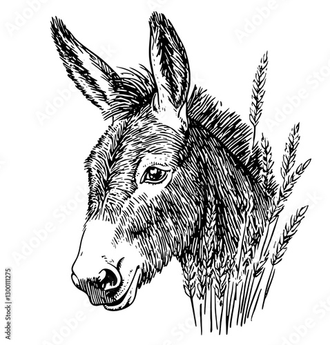 Donkey head surrounded by wheat stalks in a rustic countryside setting