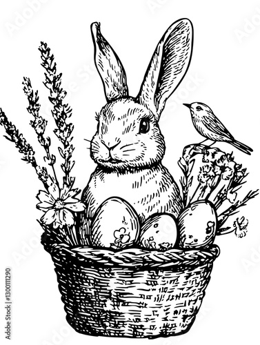 Cute rabbit in a basket surrounded by eggs and flowers with a bird perched nearby during springtime festivities