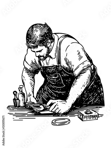 Crafting techniques of a skilled tradesman in a workshop with tools and materials