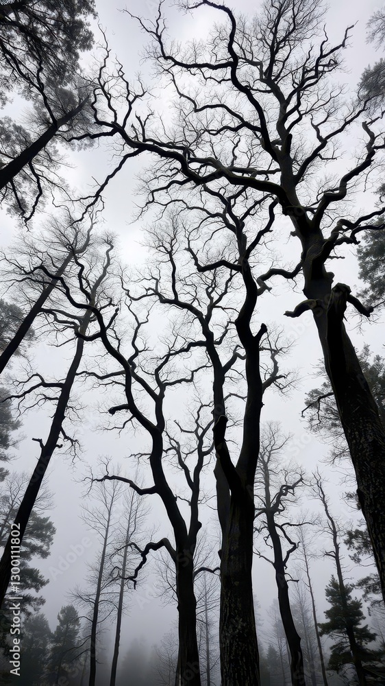 Twisted Trees with Fog and Clouds Surrounding the Branches in a Dark Forest Twisted Trees with Fog and Clouds Surrounding the Branches in a Dark Forest