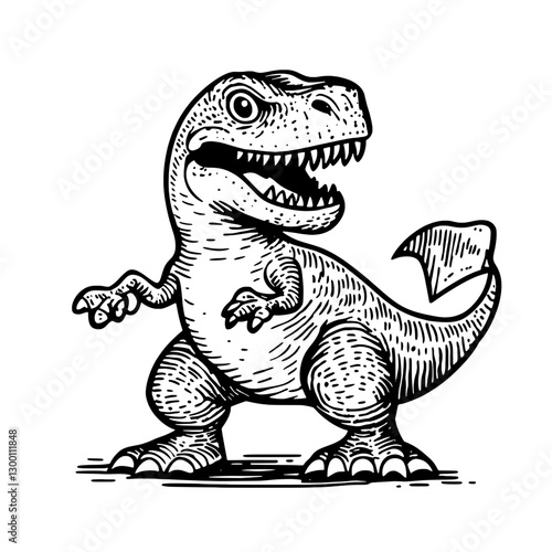 Cute dinosaur illustration with a playful expression in a simple black and white style