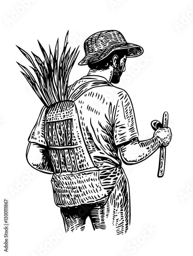 Man carrying harvested crops in a backpack prepares for farming activities in a rural area