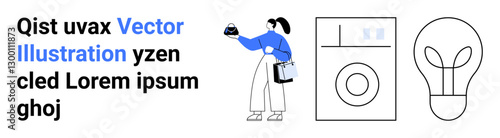 Woman holding a coffee cup and bag, washer symbolizing household chores, lightbulb for energy conservation. Ideal for sustainability, homemaking, energy efficiency, eco-living, modern lifestyle