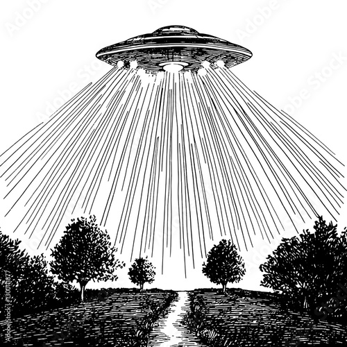 UFO sighting over a secluded field at dusk with trees and rays of light illuminating the surroundings