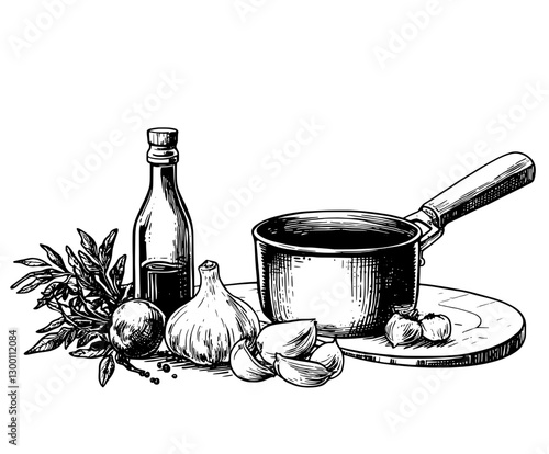 Cooking ingredients arranged on a wooden board with a saucepan and oil bottle in a culinary setting