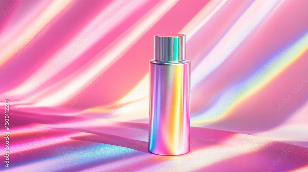 Elegant spa spray bottle with holographic rainbow label modern interior product photography relaxing atmosphere Elegant spa spray bottle with holographic rainbow label modern interior product photography relaxing atmosphere