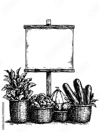 Freshly harvested vegetables in baskets with a blank sign at a roadside market in springtime