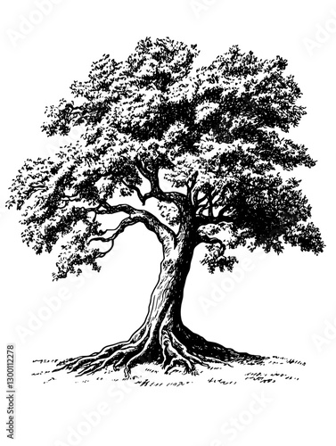 Majestic oak tree with sprawling branches and deep roots in a tranquil outdoor setting